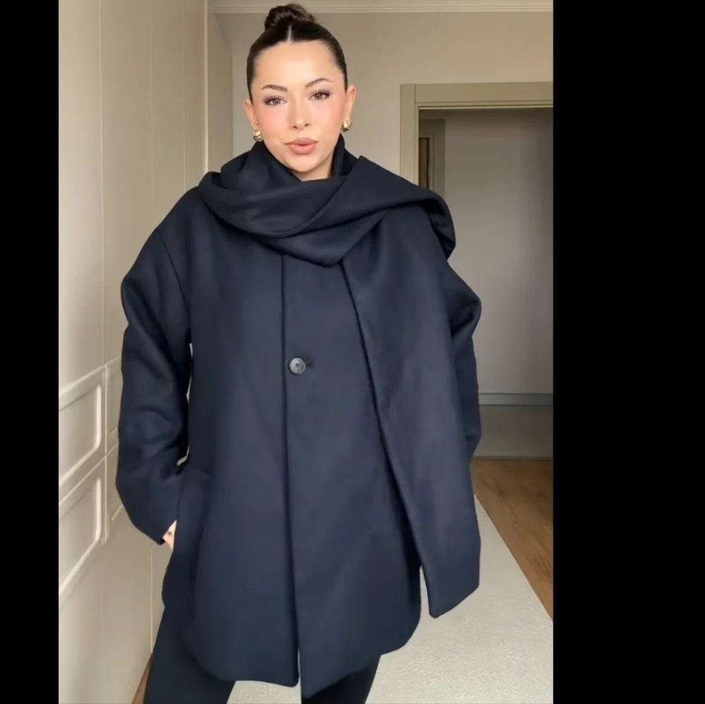 ZARA WOOL BLEND SHORT COAT WITH SCARF Navy Size XL